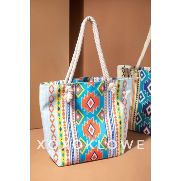 Aztec Southwestern Print Large Tote Bag Fully Lined Rope Handles - Picture 4 of 10